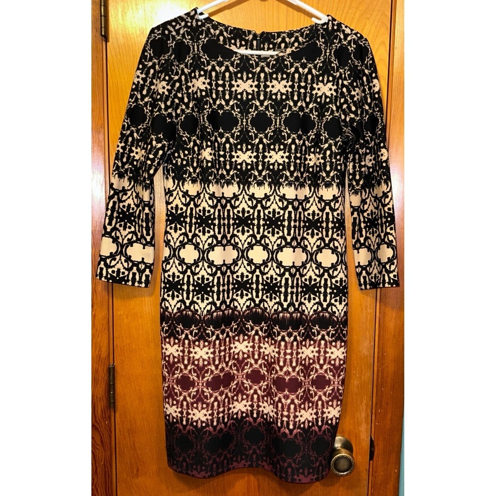 Taylor 3/4 Sleeve Multi Colored Pattern Geometric Boatneck Sheath Dress Size 6